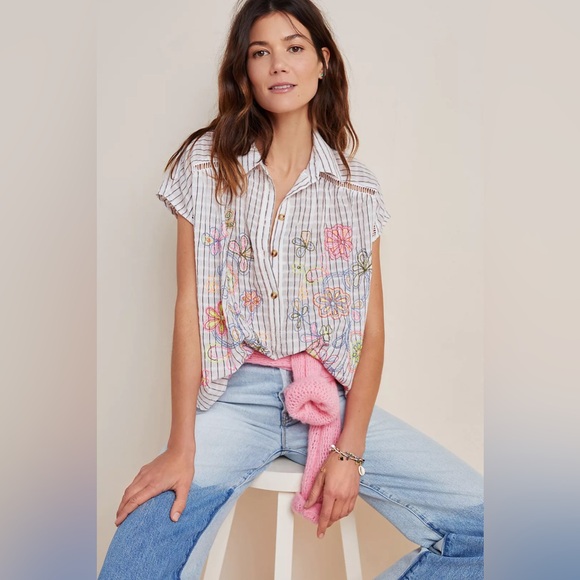 Anthropologie Tops - Anthropologie Serena Surf Henley stripped Blouse, Embroidered details, XS